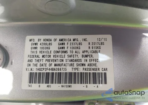 2011 Honda Accord 2.4 Lx-P из США, поврежденный, VIN 1HGCP2F44BA068735